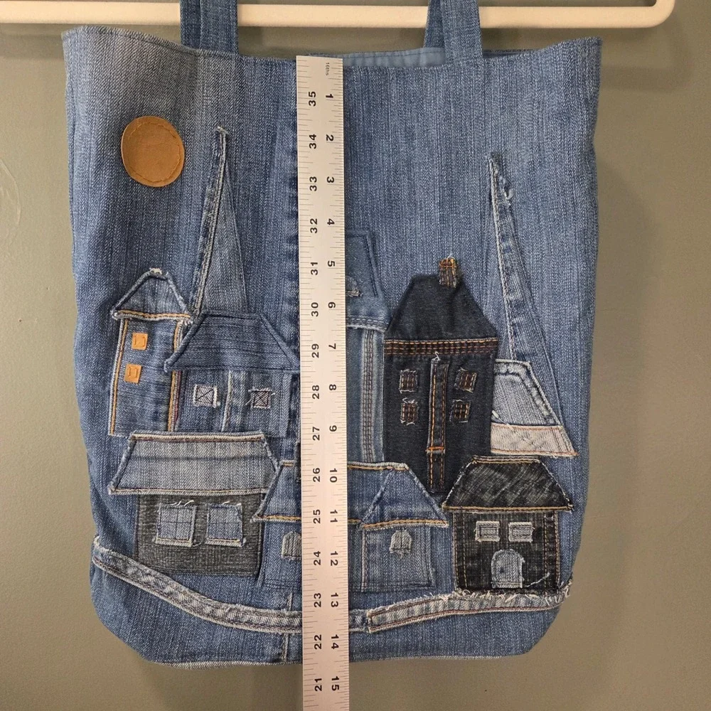 Denim Patchwork Tote Bag Shoulder Straps Cityscape Town